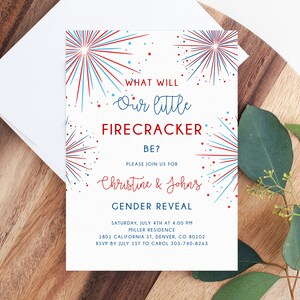 4th of July Gender Reveal Invitation Template, Printable Little Firecracker Gender Reveal Invitation, Independence Day Fireworks, Templett