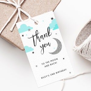 Two The Moon Favor Tag Template, Thank You To The Moon And Back Favor Tag, Gift Tag, Silver Moon Birthday Party Favor Label, Templett