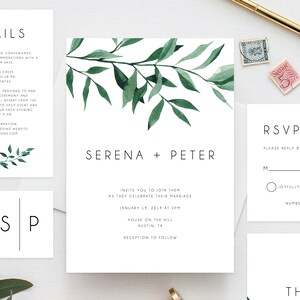 Wedding invitation template, Printable Wedding Invitation Suite, Watercolor Floral Wedding Invitation Set, Greenery, Leaves, Templett, W20B