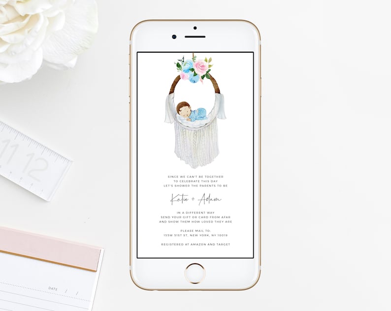 Long Distance Electronic Announcement Blue Baby Shower Phone Invitation Baby Shower By Mail Template B36 Social Distancing Templett