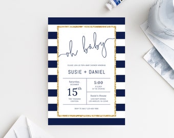 Plantilla de invitación de baby shower de la marina, invitación de baby shower de la marina y oro, invitación de rayas de la marina imprimible, descarga instantánea, Templett, B03