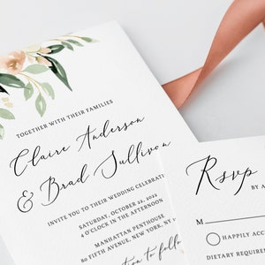 Blush & Ivory Floral Wedding Invitation Template, Printable Wedding Invitation Suite, Peach Floral Wedding Invitation Set, Templett, W41