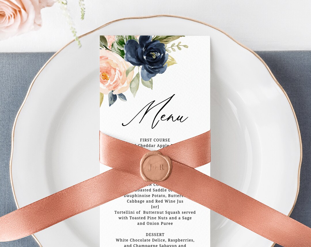 Navy & Blush Wedding Menu Template, Printable Floral Menu, Editable