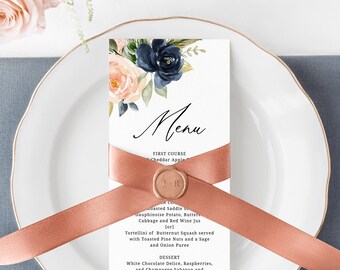 Navy & Blush Wedding Menu Template, Printable Floral Menu, Editable Wedding Menu, DIY Wedding Menu, Templett, Instant Dowload, W34