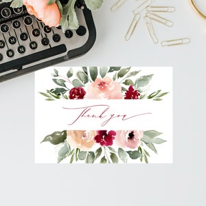 Bourgondië & Blush dank u kaartsjabloon, afdrukbare baby shower dank u kaart, 1e verjaardag, Instant Download, Templett, B45