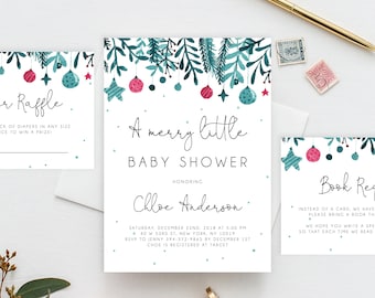 May include: A Christmas-themed baby shower invitation with a green and white colour scheme. The invitation features a festive design with ornaments, pine branches, and the text "A merry little baby shower honouring Chloe Anderson".