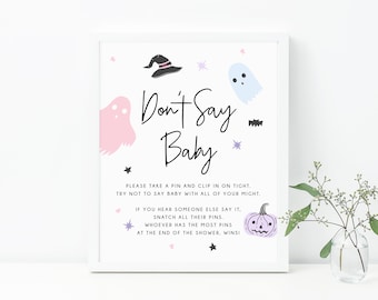 Pastel Halloween Baby Shower Don't Say Baby Sign, Printable Halloween Baby Shower Games, Halloween Themed Game Sign, Templett, B24