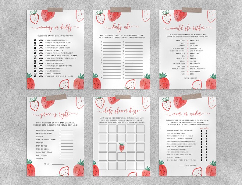 May include: A set of printable baby shower games with a strawberry theme. The games include "Mommy or Daddy", "Baby Abe", "Would She Rather", "Price is Right", "Baby Shower Bingo", and "Over or Under".