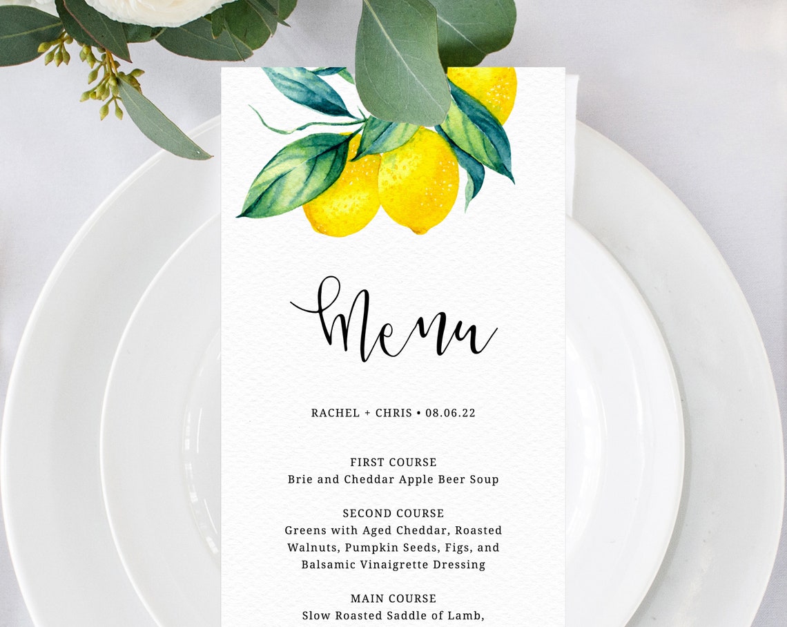 Lemon Wedding Menu Template Printable Menu Editable Wedding Etsy