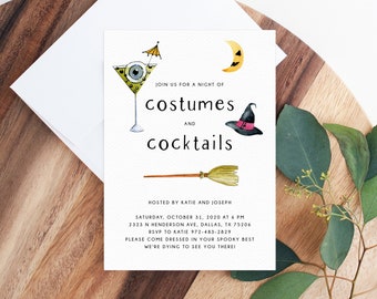 May include: Halloween party invitation with watercolor illustrations of a cocktail, witch hat, broom, and crescent moon. The invitation text reads "costumes and cocktails" and includes event details.