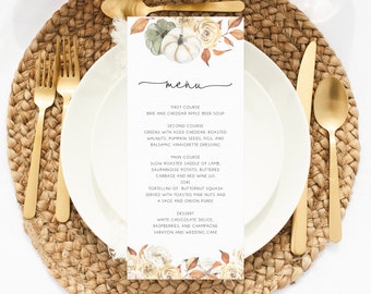 Kürbis-Hochzeitsmenüvorlage, druckbares Herbstmenü, bearbeitbares Hochzeitsmenü, Thanksgiving-Menü, DIY-Hochzeitsmenü, Templett, W55, B35