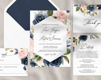 Navy & Blush Hochzeitseinladung Vorlage, Printable Hochzeitseinladung Set, Navy Hochzeitseinladung Set, Blumenhochzeit, Templett, W34