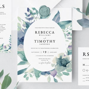 Wedding Invitation Template, Printable Wedding Invitation Suite, Watercolor Greenery Wedding Invitation, Green and Purple, Templett, W23