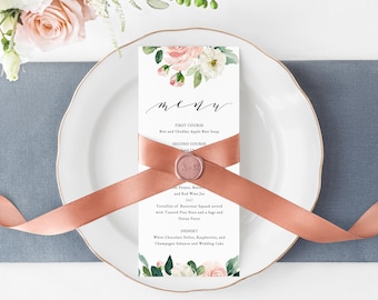 Wedding Menu Template, Printable Floral Menu, Editable Wedding Menu, Blush Wedding Menu, DIY Wedding Menu, Templett, Instant Dowload, W29