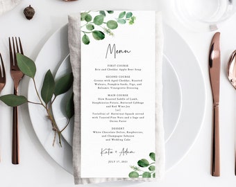 Greenery Wedding Menu Template, Printable Wedding Dinner Menu, Eucalyptus Greenery Wedding Menu Card, Instant Download, Templett, W48