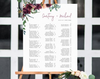Plantilla de tabla de asientos de boda de Borgoña, tabla de asientos alfabética floral boho, tabla de asientos de boda boho, descarga instantánea, Templett, W32
