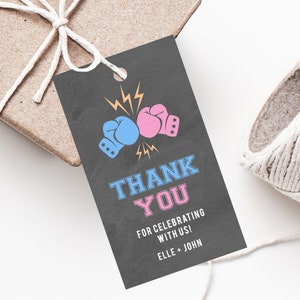 Modèle d'étiquette de cadeau de révélation de genre, étiquette de remerciement, étiquette de cadeau sur le thème de boxe, étiquettes cadeaux, étiquette de faveur knock-out de révélation de genre imprimable, Templett