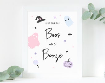 Pastel Halloween Party Boos and Booze Sign, Printable Halloween Birthday Decoration, Drinks Sign, Bar, Cocktails, Templett, B24