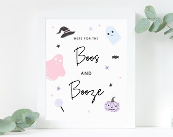 Signe pastel de huées et d'alcool de fête d'Halloween, décoration d'anniversaire Halloween imprimable, enseigne de boissons, bar, cocktails, Templett, B24