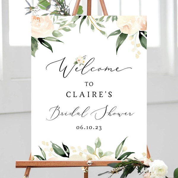 Peach Floral Bridal Shower Welcome Sign Template, Peach Bridal Shower Welcome Sign Printable, Instant Download, Templett, W41