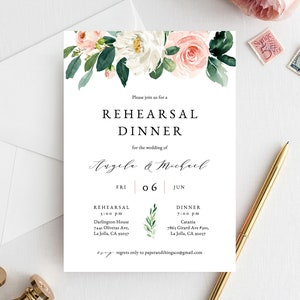Plantilla de invitación a la cena de ensayo, invitación de ensayo de boda floral rubor, imprimible la noche antes de la invitación al ensayo, Templett, W29