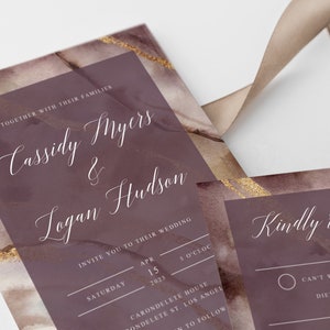 Purple & Gold Agate Wedding Invitation Template, Modern Wedding Invitation Suite, Dark Purple Wedding Invitation Set, Templett, W58