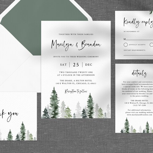 Pine Trees Wedding Invitation Template Printable Winter - Etsy