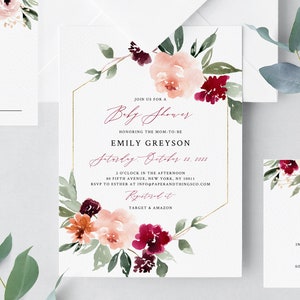 Burgundy & Blush Baby Shower Invitation Template, Printable Floral Baby Shower Invitation, Instant Download, Templett, B45