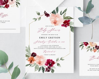 Burgundy & Blush Baby Shower Invitation Template, Printable Floral Baby Shower Invitation, Instant Download, Templett, B45