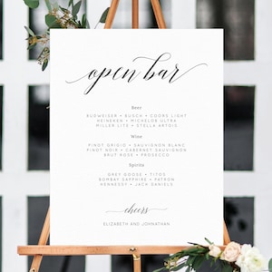 Wedding Open Bar Sign Template, Wedding Open Bar Printable, Drink Menu Sign, Drinks Sign, Reception Decor, Instant Download, Templett, W02