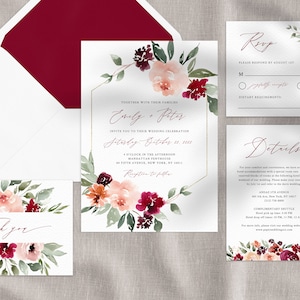 Burgundy Wedding Invitation Template, Printable Wedding Invitation ...