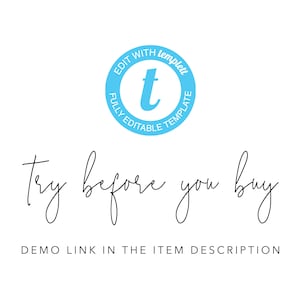 Pode incluir: Um c&iacute;rculo azul com o texto "EDIT WITH templett FULLY EDITABLE TEMPLATE" e um "t" branco no centro. O texto "Try before you buy DEMO LINK IN THE ITEM DESCRIPTION" est&aacute; abaixo do c&iacute;rculo.