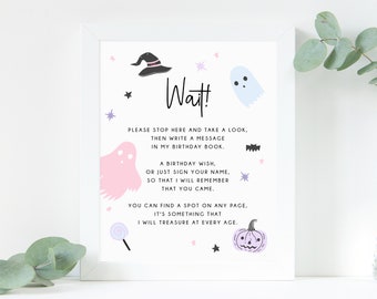 Pastel Halloween Party Guestbook Sign, Printable Halloween Birthday Decoration, Birthday Book Sign, Birthday Wish, Templett, B24