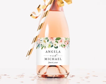 Mini Champagne Bottle Label Template, Blush Floral Wedding Mini Champagne Sticker, W29 | Instant Download Editable Template, Templett