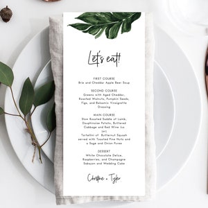Tropical Wedding Menu Template, Printable Wedding Menus, Palm Leaves Wedding Menu, Instant Download Editable Template, Templett, W44