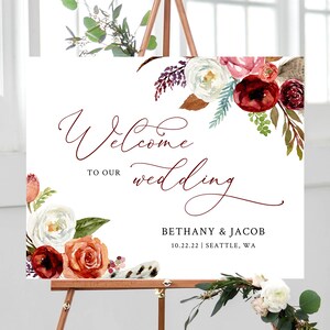 Boho Blumen Hochzeit Willkommen Schild Vorlage, Willkommen zur Hochzeit Printable, Burgund Willkommenstafel, Sofort Download, Templett, W43