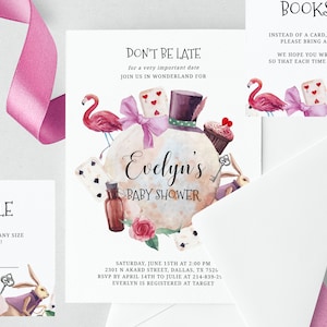 Modelo de convite para chá de bebê Alice, convite para chá de bebê no país das maravilhas para impressão, modelo editável, download instantâneo, Templett
