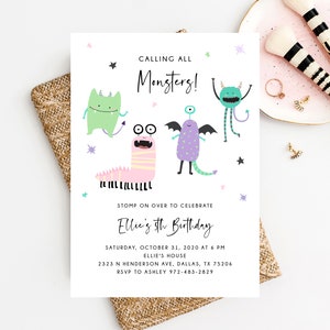 Monster Mash Invitation Template, Printable Pastel Halloween Birthday Invite, Kids Little Monster Party, Instant Download, Templett, B25