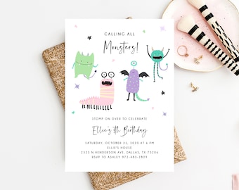 May include: A colorful invitation with a monster theme for Ellie's 5th birthday party. The invitation features a purple, green, and pink monster with a text that says "Calling all Monsters!" and "Ellie's 5th Birthday".