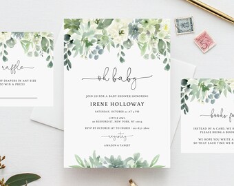 Succulent Baby Shower Invitation Template, Printable Baby Shower Invitation, Succulent Greenery Invitation, Instant Download, Templett, B40
