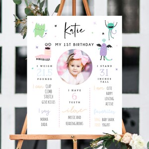 Monster Mash 1st Birthday Poster Template, Pastel Halloween First Birthday Chalkboard Sign, Milestone Poster Board, Templett