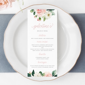 Plantilla de menú de brunch de Galentine, menú imprimible, menú del día de Galentine editable, menú de Galentine floral rubor, Templett