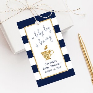 INSTANT DOWNLOAD Favor Tags, Thank You Tag, Stripes Baby Shower Favor Tag, Navy and Gold A Baby Boy Is Brewing Gift Tag, Templett, B03