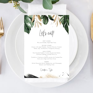 Tropisches Hochzeitsmenü Vorlage, druckbare Hochzeitsmenüs, Palmenblätter Hochzeitsmenü, sofortiger Download bearbeitbare Vorlage, Templett, W44