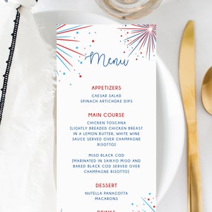 Plantilla de menú de revelación de género de petardo, menú de cumpleaños imprimible del 4 de julio, tarjeta de menú de baby shower del 4 de julio, descarga instantánea, Templett