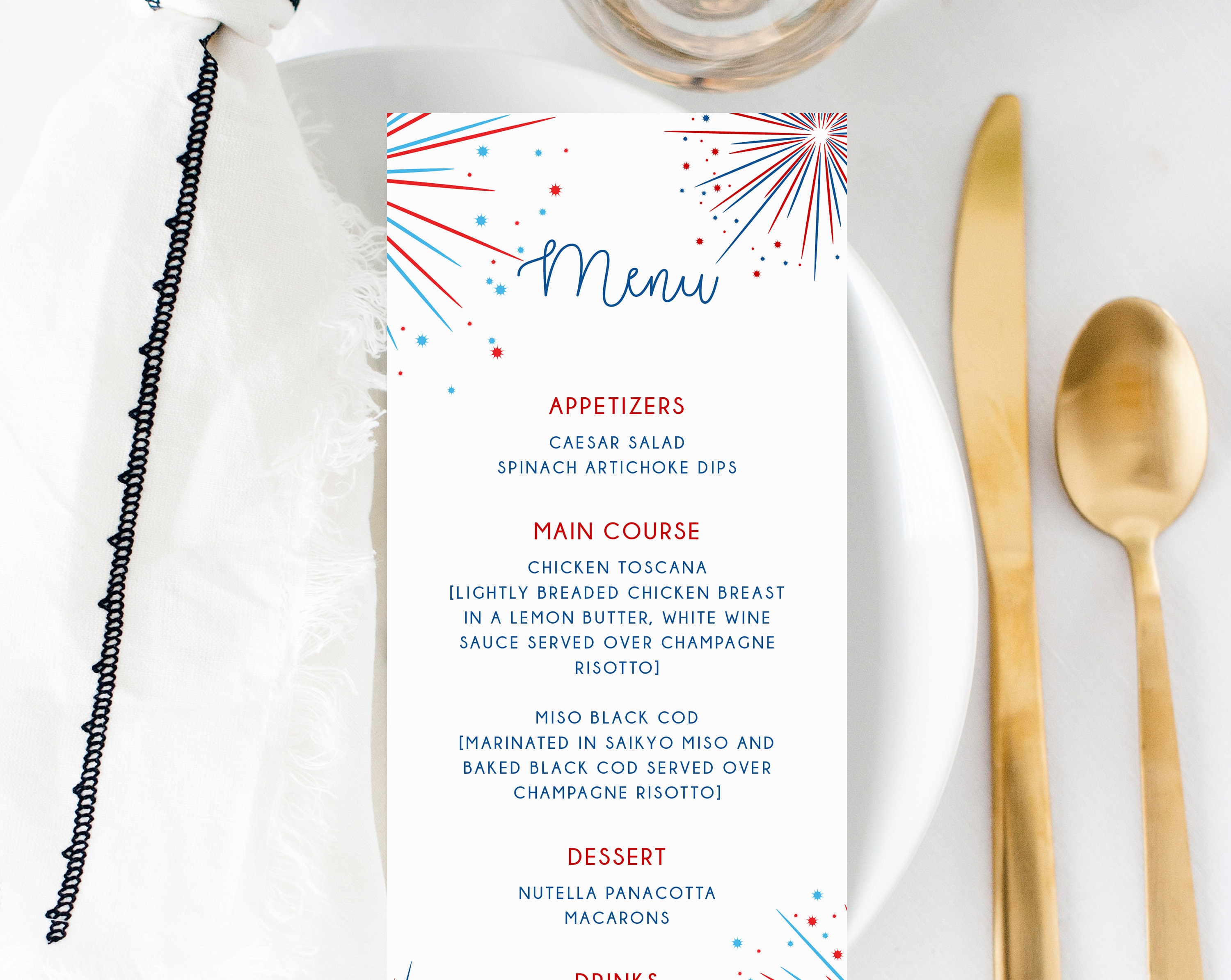 Firecracker Gender Reveal Menu Template, Printable 4th of July Birthday Menu, July 4th Baby Shower Menu Card, Instant Download, Templett