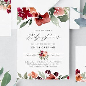 Burgundy & Blush Baby Shower Invitation Template, Printable Floral Baby Shower Invitation, Instant Download, Templett, B45