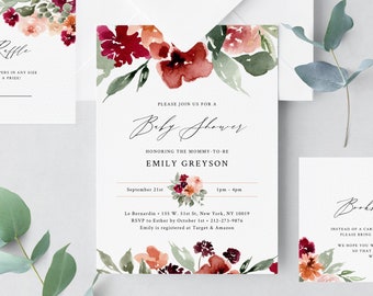 Burgundy & Blush Baby Shower Invitation Template, Printable Floral Baby Shower Invitation, Instant Download, Templett, B45