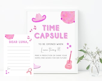 May include: A printable time capsule sign with pink and white watercolor illustrations of a cowboy hat, a disco ball, a guitar, and a boot. The sign says "Time Capsule" and "To be opened when Luna turns 18". There is a separate printable card that says "Dear Luna" with lines for writing.