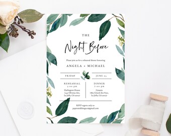 May include: A white invitation with green watercolor leaves and flowers. The text reads "The Night Before" and includes the names "Angela + Michael" and the date "June 05". The invitation details a rehearsal dinner at Darlington House and a dinner at Catania.